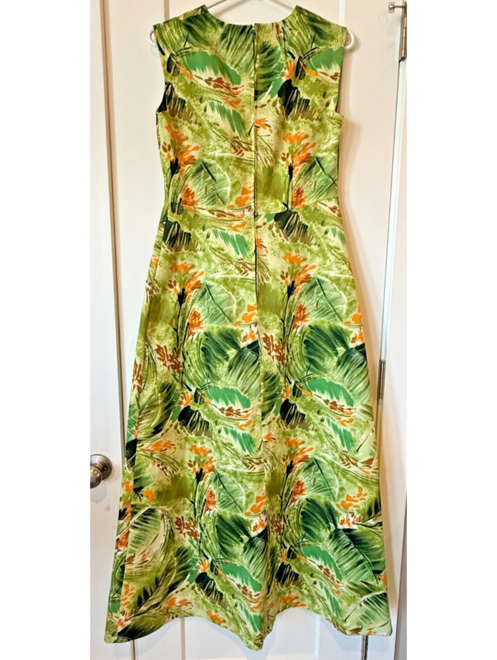 Vtg Handmade Hawaiian Green Orange Maxi Dress Floral Print Size 10